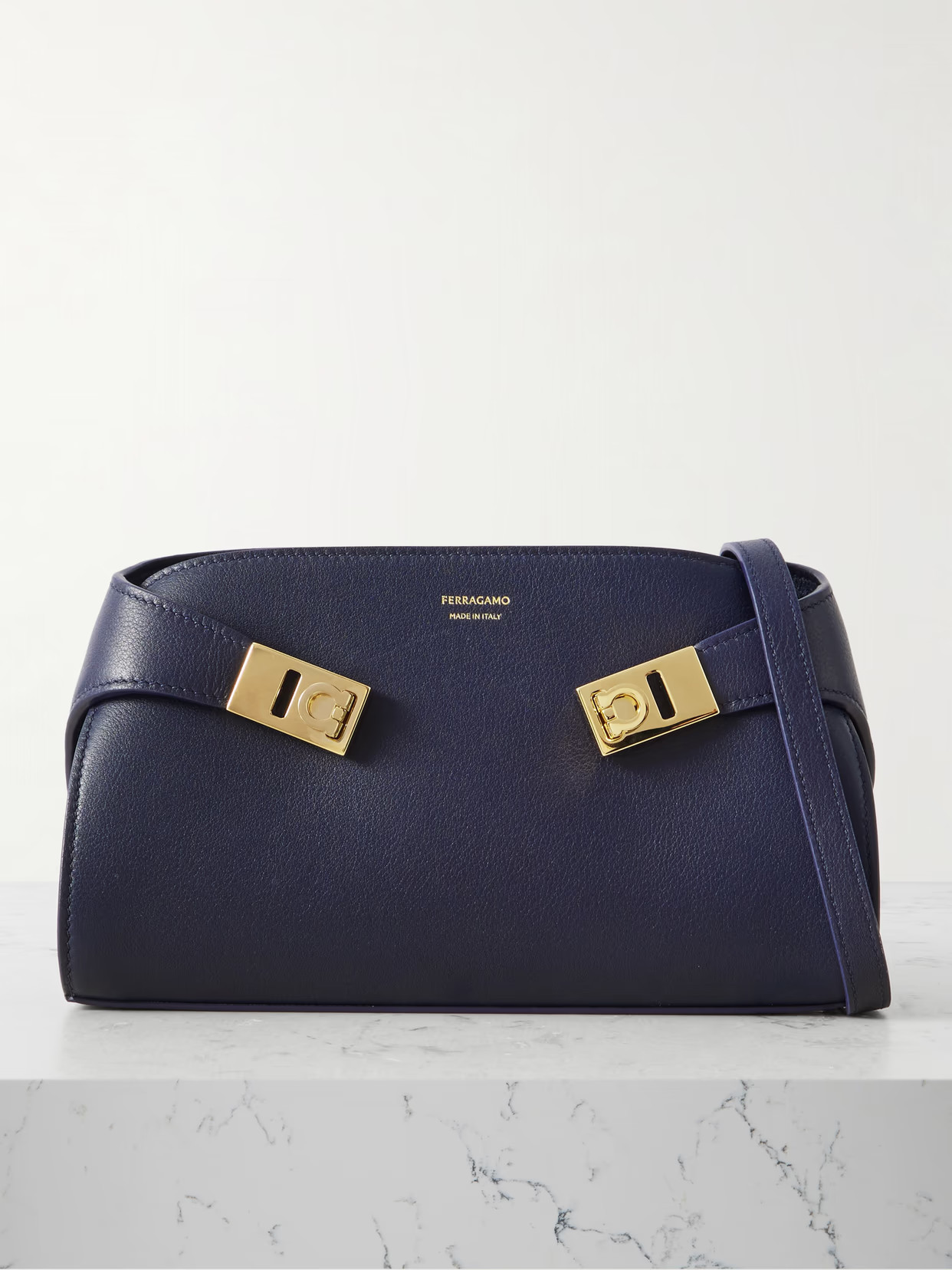 Ferragamo - Hug Embellished Textured-leather Shoulder Bag - Navy | NET-A-PORTER (UK & EU)