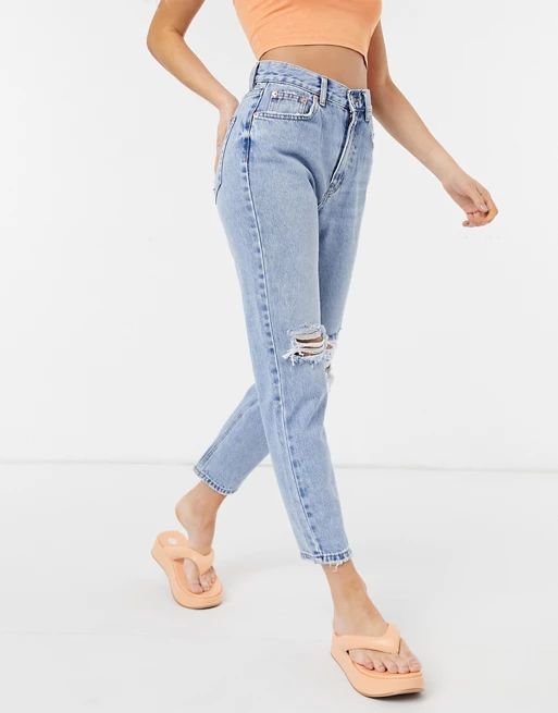 Pull&Bear mom jeans with rips in light blue | ASOS (Global)