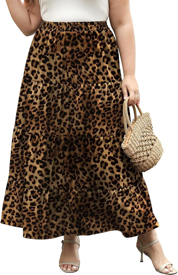 Women's Long Maxi Plus Size Skirt 2024 Trendy Flowy Elastic High Waist Casual Spring Swing A-line... | Amazon (US)