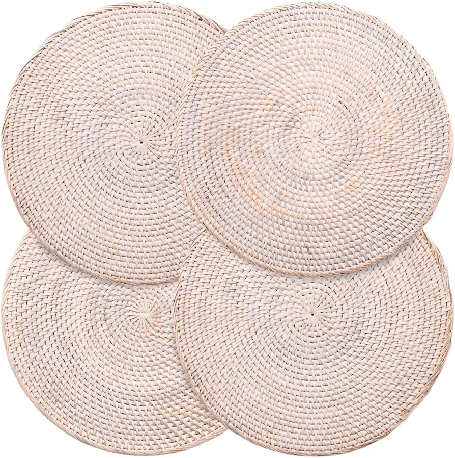 4-Pack Rattan Placemats - 13-inch Round Placemats (Whitewash) - Woven Place Mats, Round Table Mat... | Amazon (US)