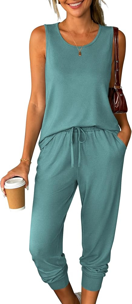 Womens Two Piece Lounge Sets 2026 Summer Sleeveless Outfits Crewneck Tank Tops Joggers Pants Trav... | Amazon (US)