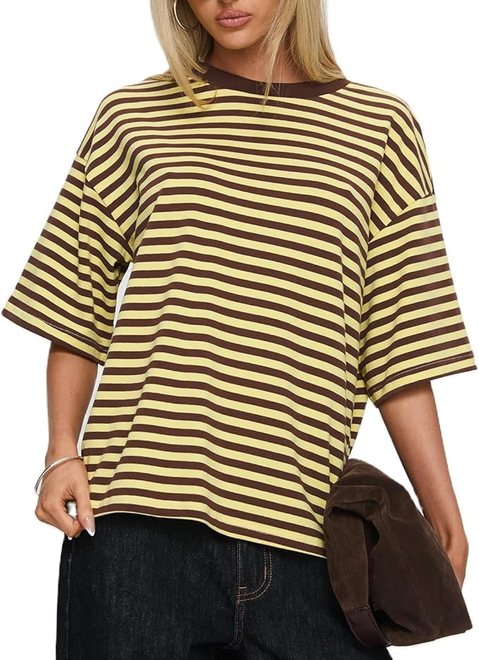 Women Oversized Striped T Shirts Short Sleeve Loose Crewneck Gothic Tops Summer Color Block Blous... | Amazon (US)