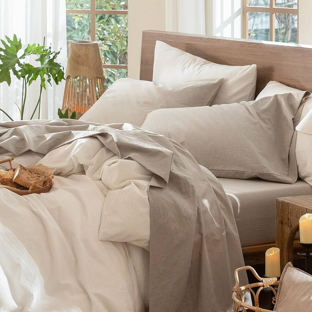 MooMee Bedding Sheet Set 100% Washed Cotton Linen Like Textured Breathable Durable Soft Comfy (Ta... | Amazon (US)