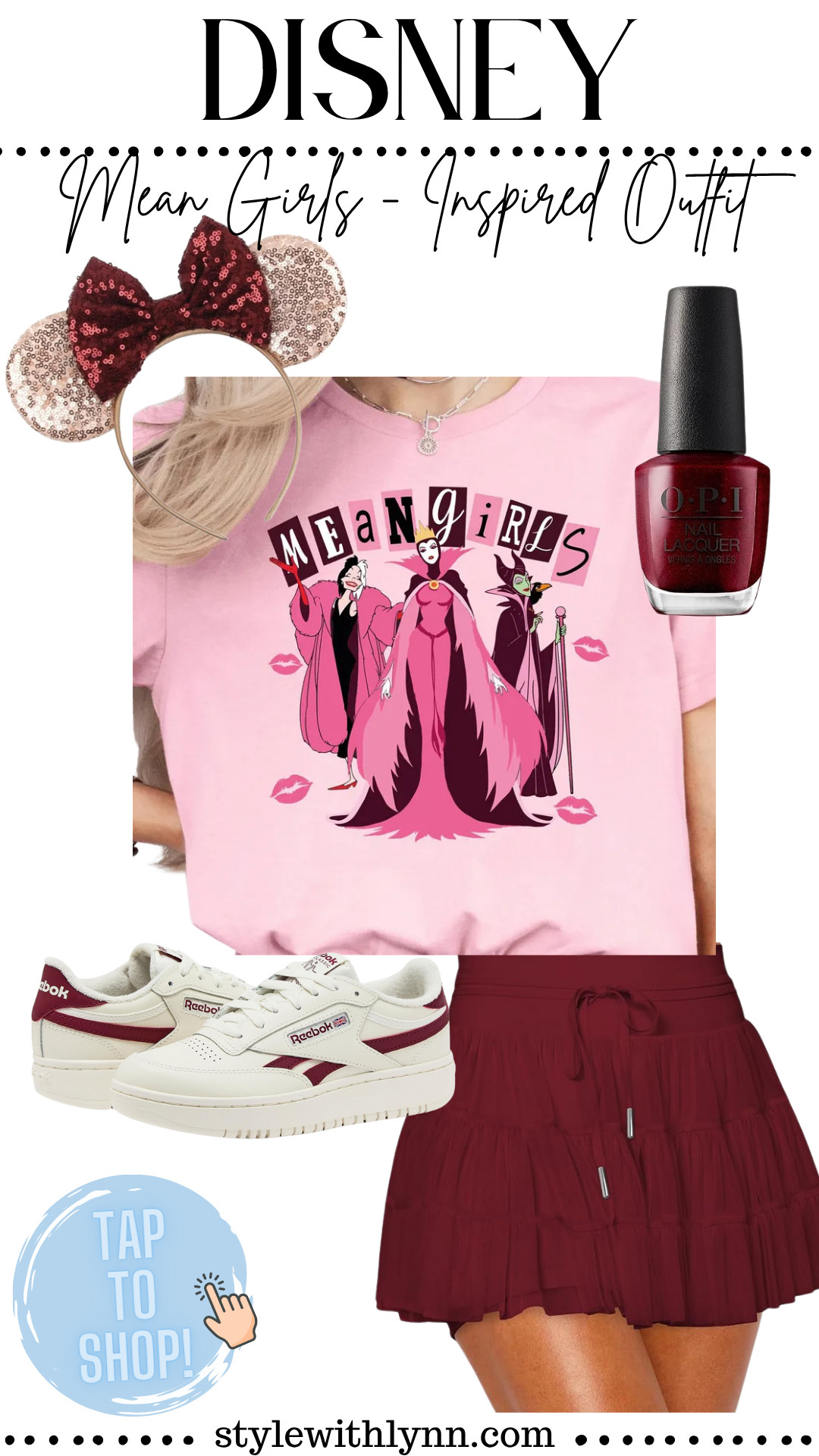On Wednesdays, we wear pink — even at Disney! 💅✨ Rock this Mean Girls-inspired Disney villains outfit featuring a pink tee with glam villain queens, a flirty burgundy skort, matching Minnie ears, and retro Reebok sneakers for the perfect girly park day look. Add some matching OPI polish to complete your pink power moment! Perfect for EPCOT or Magic Kingdom photo ops.
👛 Tap to shop this iconic Disney outfit now and channel your inner Plastic — villain edition!
#MeanGirlsDisney #DisneyVillainStyle #DisneyOutfitIdeas #WhatToWearToDisney #DisneyStyleInspo #ShopDisneyLooks #DisneyFashion 

 #LTKStyleTip #LTKTravel