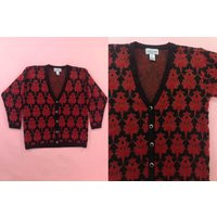 Vtg 90S Floral Wool Acrylic Knit Cardigan Sweater Black Red V Neck Button Up 1990S Large L Medium M | Etsy (US)