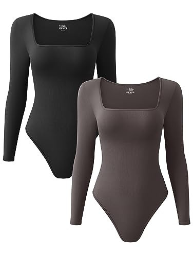 OQQ Women's 2 Piece Bodysuits Sexy Ribbed One Piece Square Neck Long Sleeve Tops Black Tea leaf | Amazon (US)