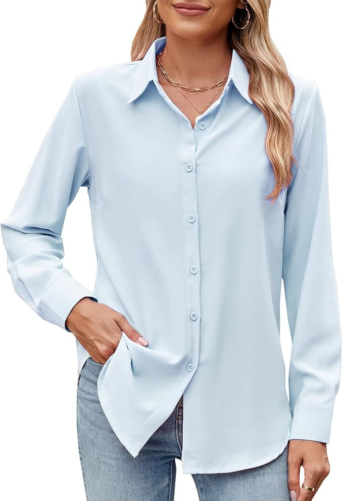 Womens Long Sleeve Button Down Shirt Ultra-Soft Stretch Wrinkle-Free Work Casual Business Office ... | Amazon (US)