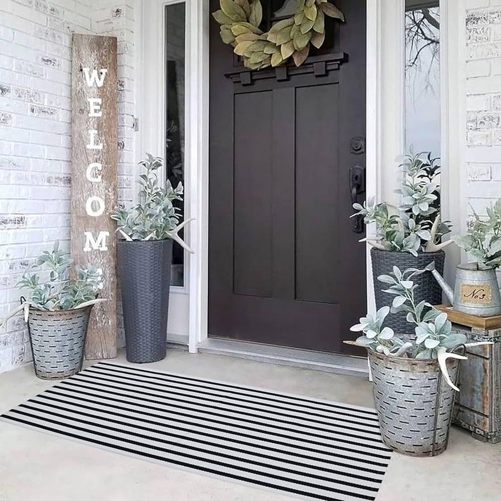 Black and White Striped Outdoor Rug 24"x51" Doormat Front Porch Rug Washable Farmhouse Layered Do... | Amazon (US)