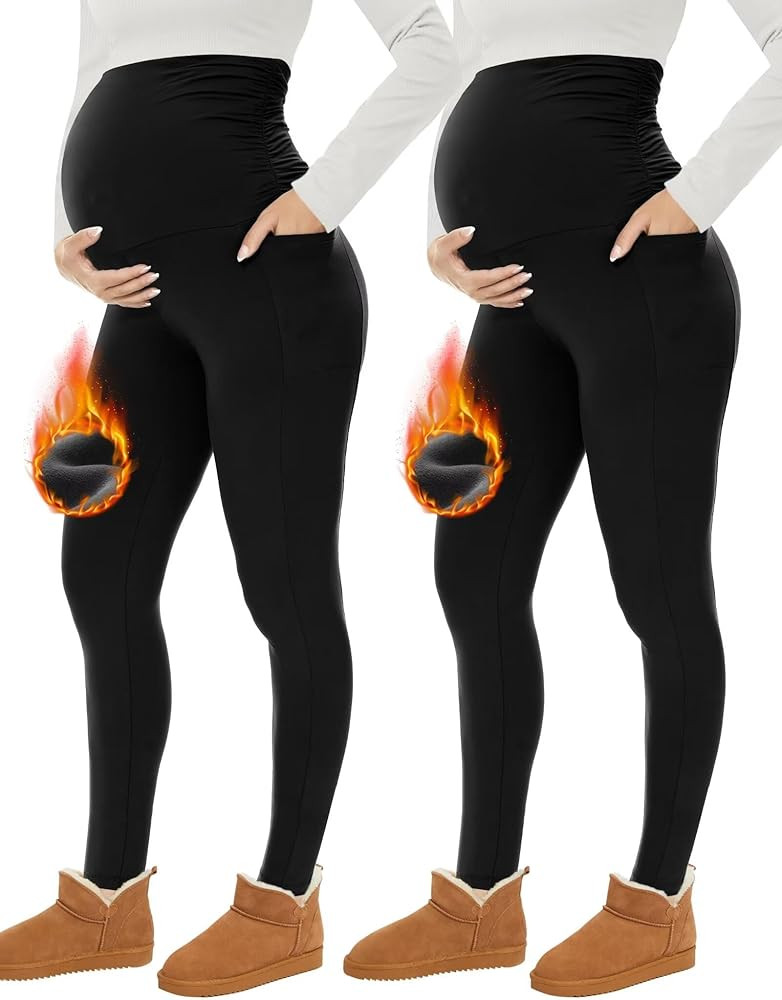 Fotociti Fleece Lined Maternity Leggings with Pockets Over The Belly,Pregnancy Thermal Warm Worko... | Amazon (US)