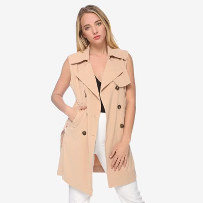 Anna-Kaci Women's Sleeveless Trench Coat with Button Front and Pocket Detail - Small, Beige | Target