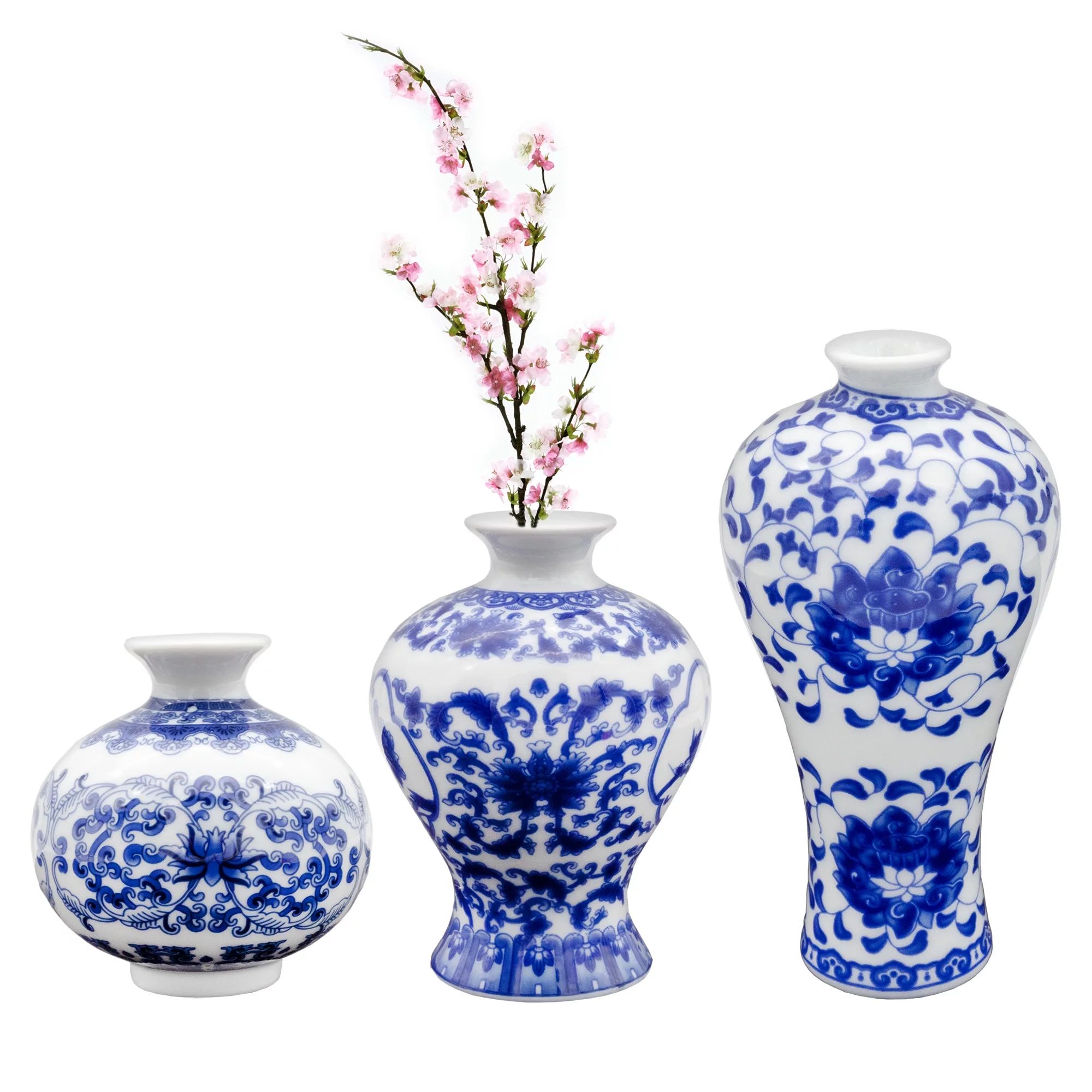 AuldHome Blue and White Chinoiserie Vases (Set of 3); Mini Decorative Bud Vases for Farmhouse, Co... | Walmart (US)