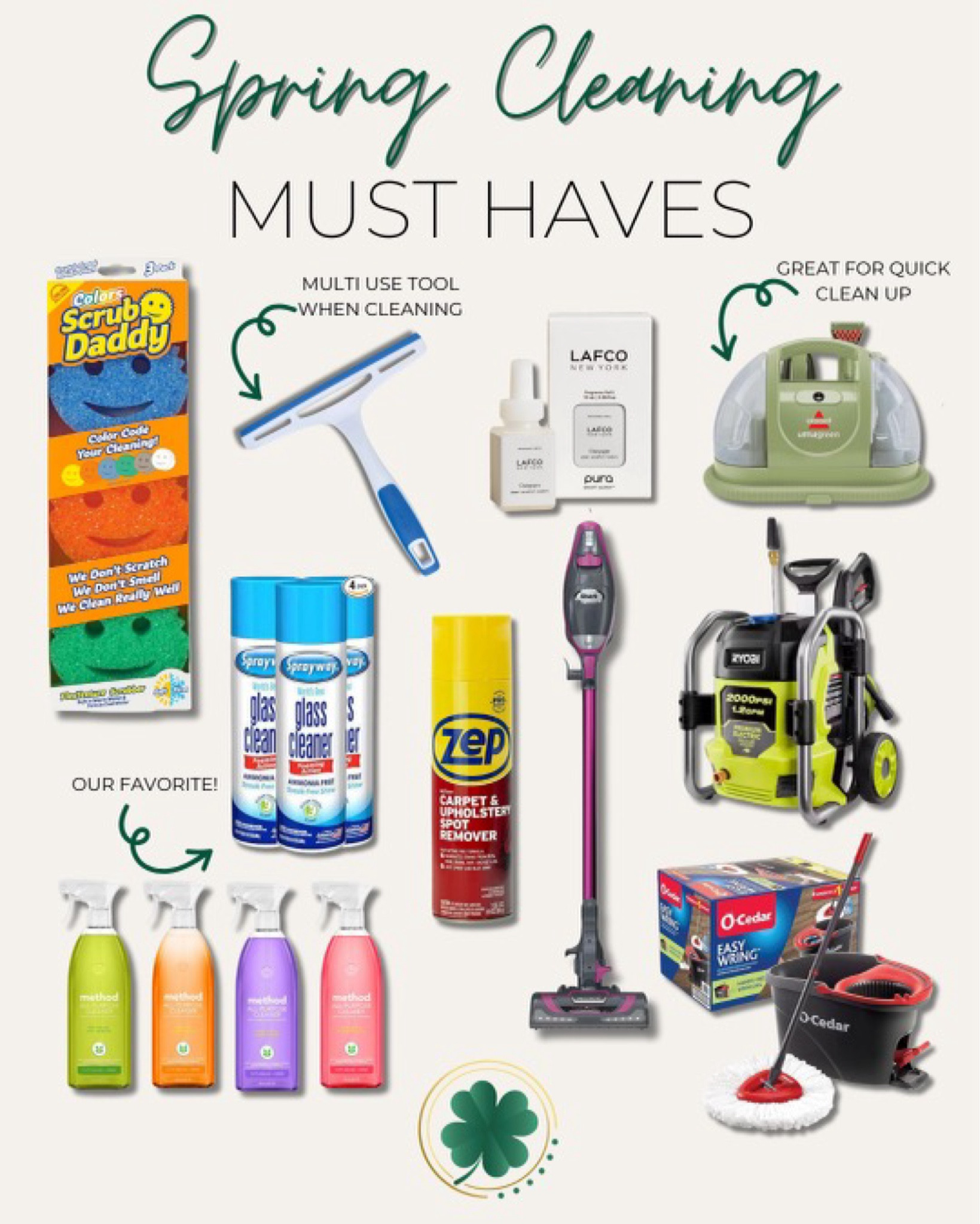 Our favorite must have for spring cleaning! These products make cleaning a breeze. 

Glass cleaner, squeegee, scrub daddy, multi pack, stick vacuum, carpet cleaner, spin, mop, pet accident cleaner, all purpose cleaner 

#LTKhome #LTKSeasonal #LTKxTarget