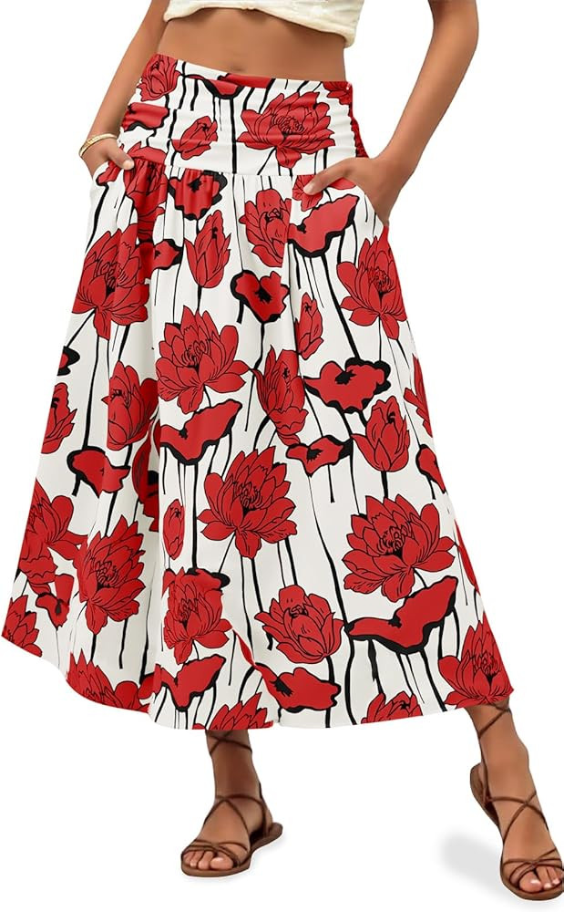 Wenrine Womens Floral Print Maxi Skirt High Waisted A Line Boho Flowy Beach Vacation Long Skirts ... | Amazon (US)