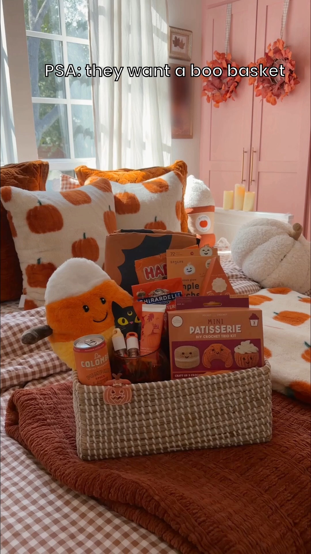 PSA: they want a fall boo basket! #ad My formula for a boo basket usually includes a stuffed animal, blanket, craft, lip balm, candy, and mug! I also put a mini boo basket within this boo basket which is just a mug with some spooky crinkle paper, lotion, lip balm, and a face mask all from @worldmarket!#WorldMarketPartner #WorldMarketFinds