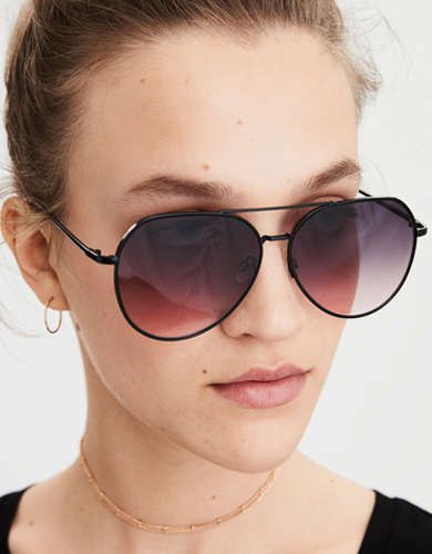 Large Flat Aviator Sunglasses, Black | American Eagle Outfitters (US & CA)