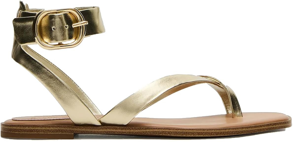 Toe Ring Flats Sandals for Women Square Toe Strappy Flat Sandals Casual Summer Shoes | Amazon (US)