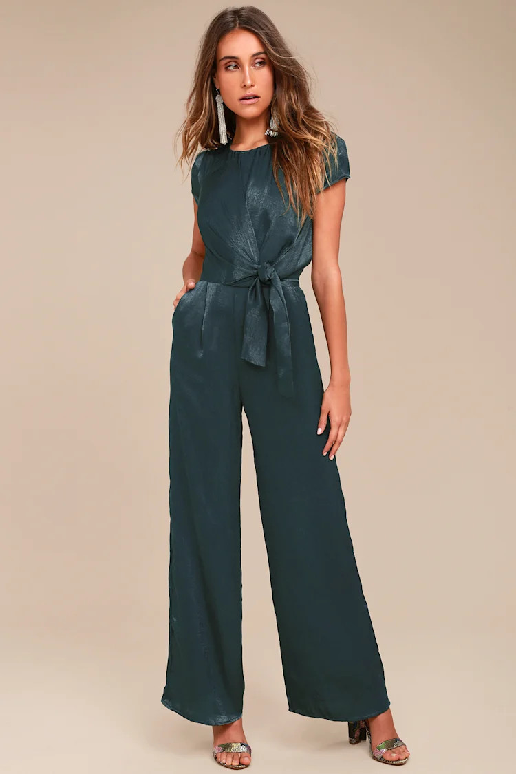 Let Me Entertain You Dark Green Satin Wide-Leg Jumpsuit | Lulus
