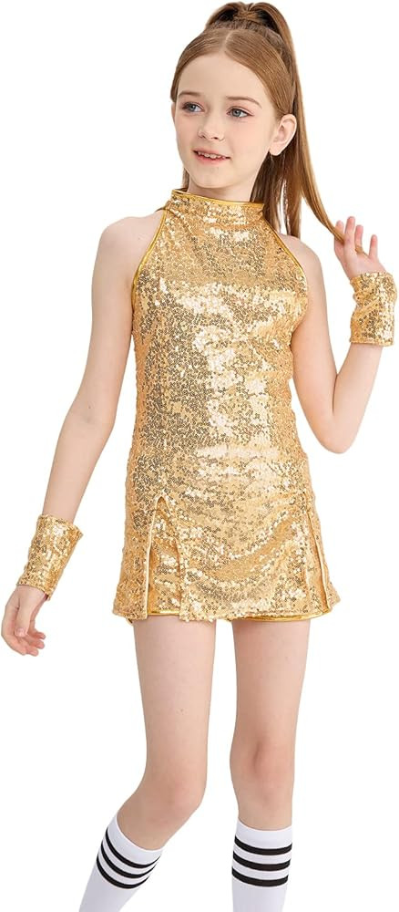 LOLANTA Girls Sequins Dance Clothes Dress 4-12 Yrs Sparkle Hip Hop Jazz Dance Outfit, Sleeveless ... | Amazon (US)