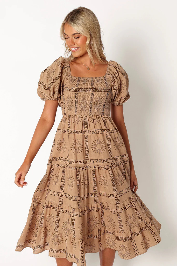 Soliel Puff Sleeve Midi Dress - Tan Black | Petal & Pup (US)