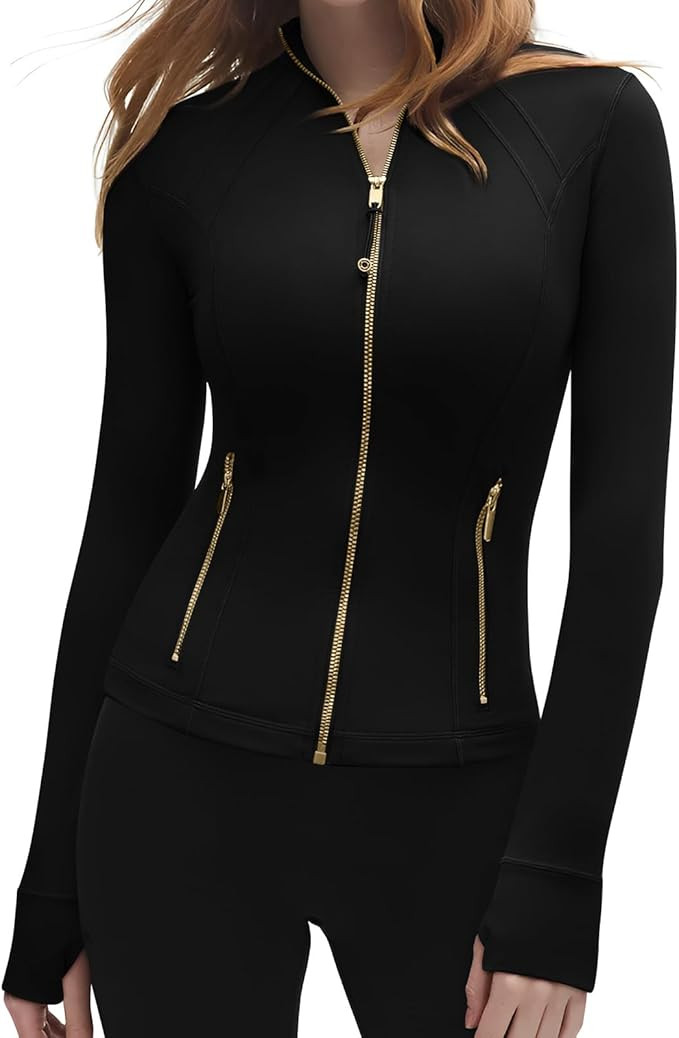 SUUKSESS Women Golden Full Zip Up Workout Cropped Jackets Lightweight Athletic Yoga Tops | Amazon (US)