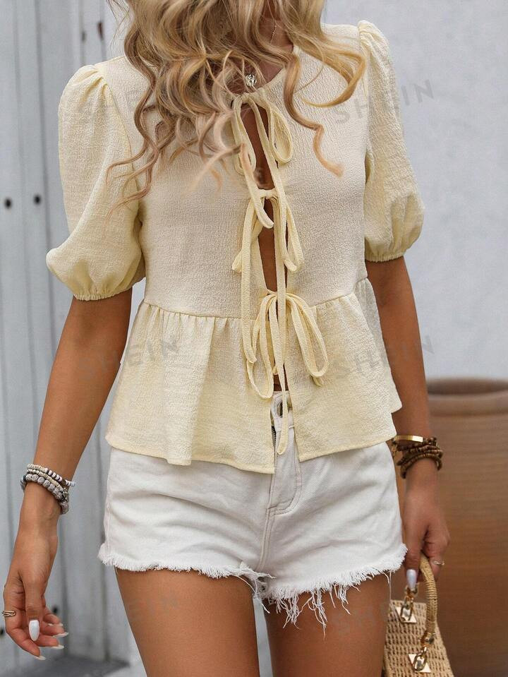 SHEIN Essnce Women's Vacation/Leisure Solid Color Puff Sleeve Tie-Up Shirt4.82(1000+) | SHEIN