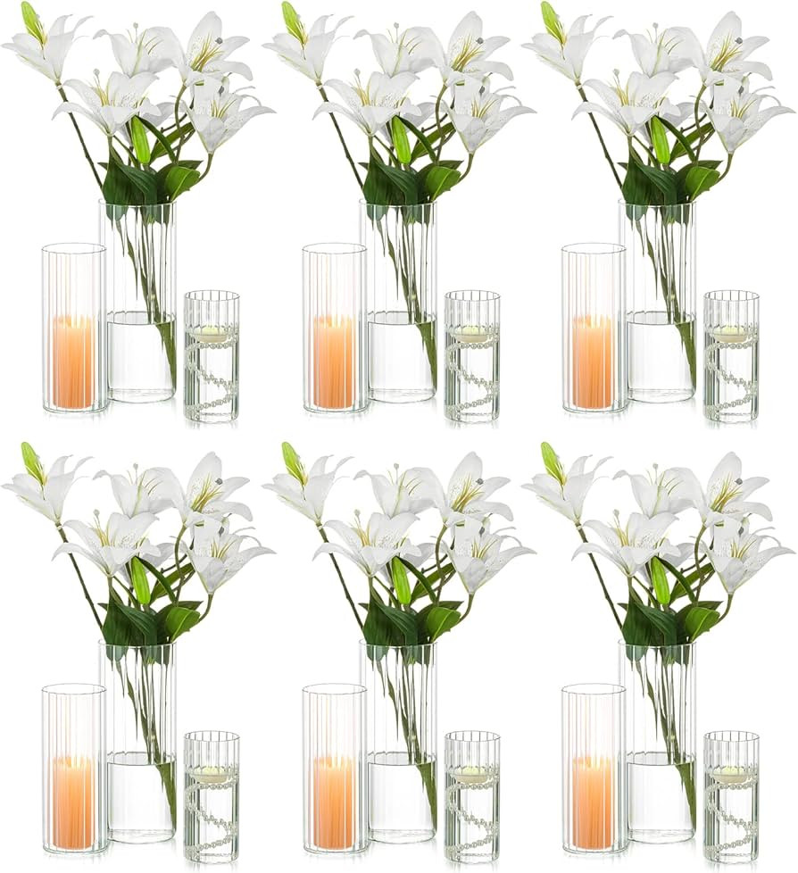 Hewory Glass Cylinder Ribbed Vases Set of 18, Tall Clear Vase for Centerpieces, Hurricane Candle ... | Amazon (US)