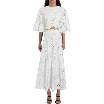 Two Piece Sets for Women Dressy Solid Color Embroidered Short Sleeve Crop Top and Maxi Skirt Suit... | Amazon (US)