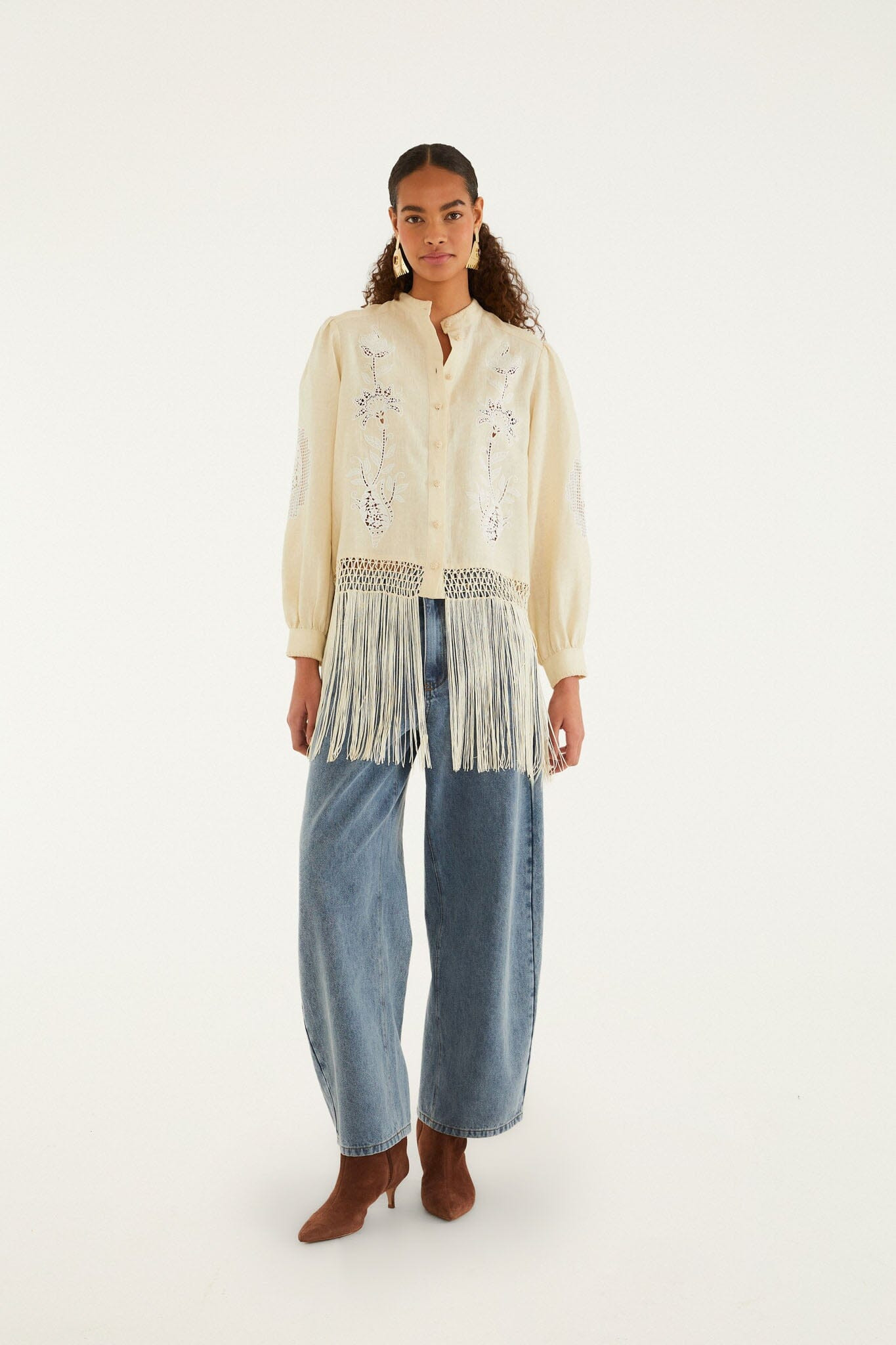 Sand Richelieu Long Sleeve Fringes Shirt | FARM Rio | FarmRio (US)
