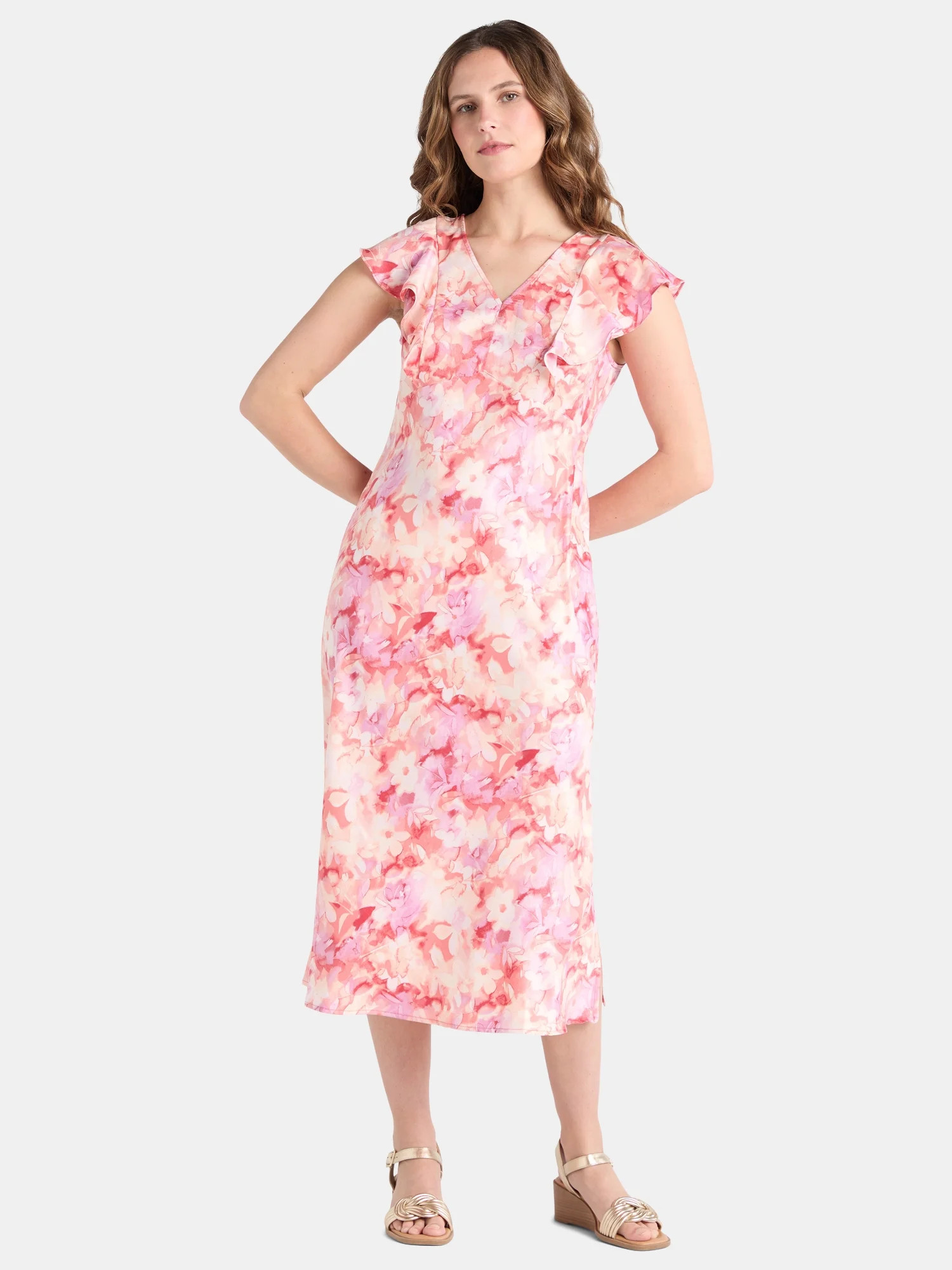 Time and Tru Women's and Women’s Plus Silky Satin Midi Dress with Flutter Sleeves, Sizes XS-4X ... | Walmart (US)