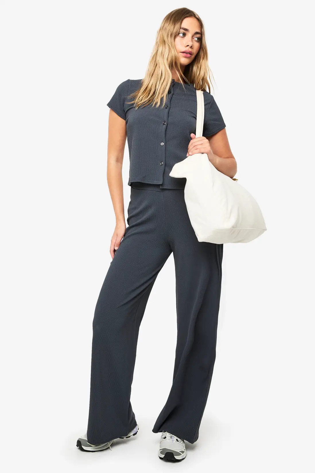 Crinkle Rib Button Through Cap Sleeve Top and Trouser Set | Boohoo.com (UK & IE)