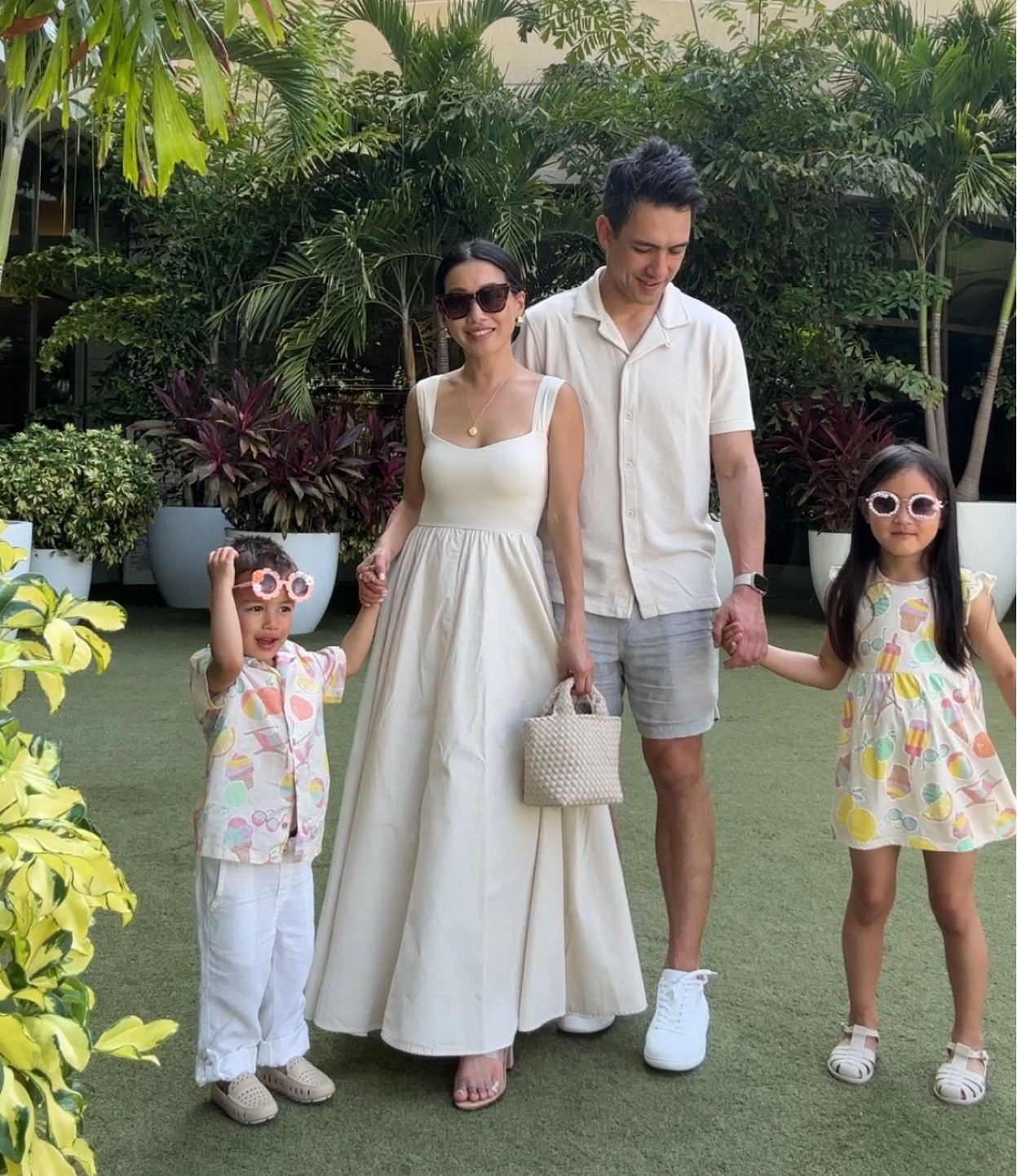 Flattering Family photos outfit. My dress is a sold out color from spring, and they just restocked in 3 new colors  

• J. Crew dress xxs -  love “mixed media” style dresses with a knit bodice and fuller cotton skirt, and linked a similar popular Everlane jersey dress too. 

The J.Crew xxs fit me off the rack as full length and I took the straps shorter about half an inch to lift it. 

the jcrew dress has a very full cotton circle skirt and jersey knit top. The shelf bra built into the top is slightly see through in the beige color, so I wear nippies under. 

• Schutz clear slides 5.5. Super comfy I’ve worn these for years 

• Naghedi mini size bag 

On Nick: • J. Crew textured sweater tee . Really great knit summer basic that looks elevated but is comfortable he is usually between S and M and needed a Medium in this. Was worth it even at full price- but currently on sale! 
• Rothy’s sneakers 

On Rio: 
• H&M toddler boys shirt 4T 
• Gymboree linen pants 3T 

On Nori: 
• H&M toddler girls dress 4T (she’s 5.5 so this fits very small on her but she wanted to match! Using it as a tunic top with shorts) 

Neutral family vacation resort travel outfits

#LTKTravel #LTKFamily

#LTKSeasonal