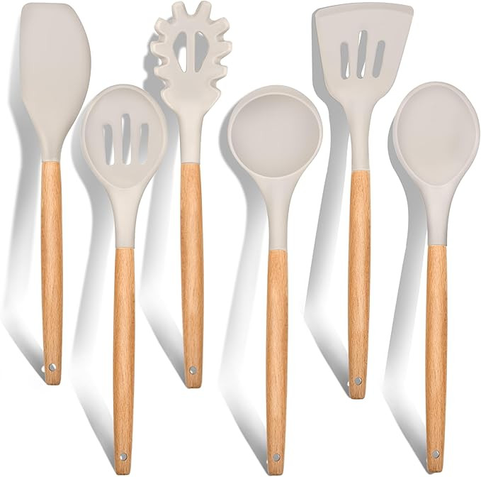 E-far Cooking Utensils Set of 6, Silicone Kitchen Utensils with Wooden Handle, Non-stick Cookware... | Amazon (US)