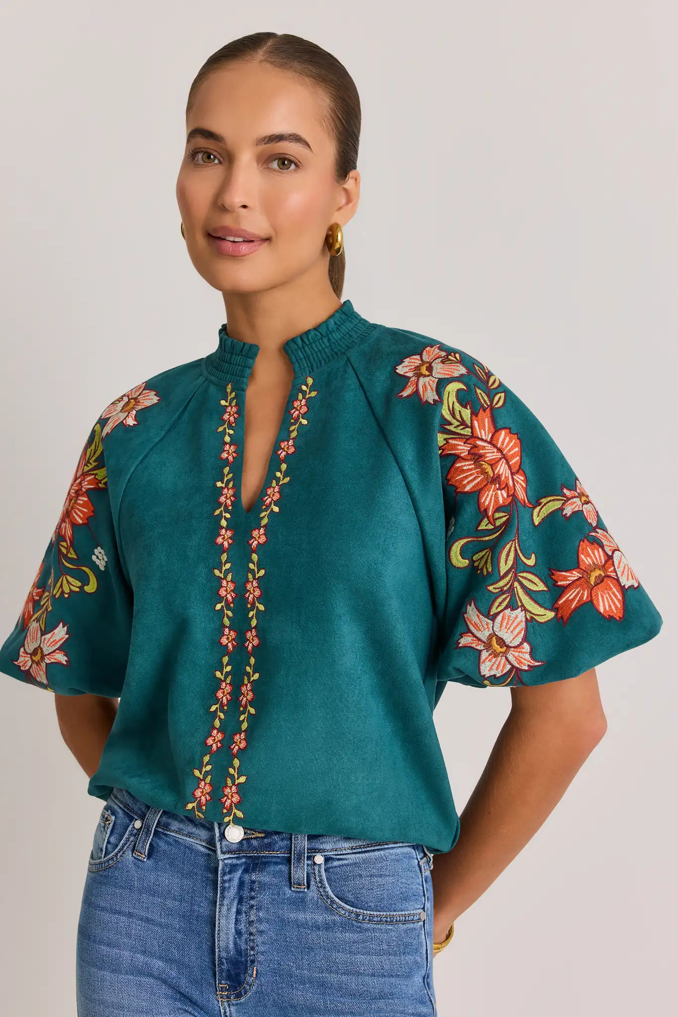 Teal Faux Suede Embroidered Top by THML | Avara