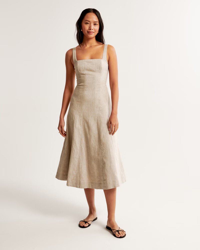 Seamed Linen-Blend Midi Dress | Abercrombie & Fitch (US)