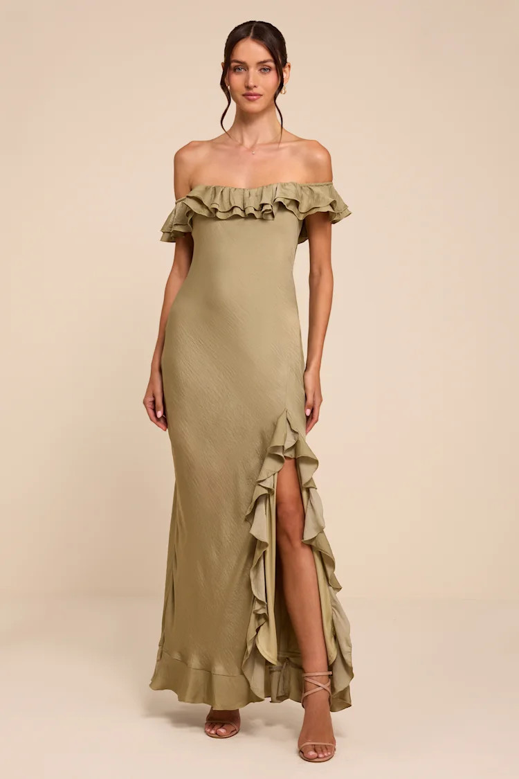 Eloisa Light Olive Satin Off-the-Shoulder Maxi Dress | Lulus