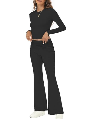 Cnlinkco Women'S Travel Outfits Long Sleeve Top and Flare Pants Trendy Matching Lounge Sets for Women Comfy 2 Piece Lounge Set Airplane Outfit Women Vacation Outfits for Women 2024 Black X-Large | Amazon (US)