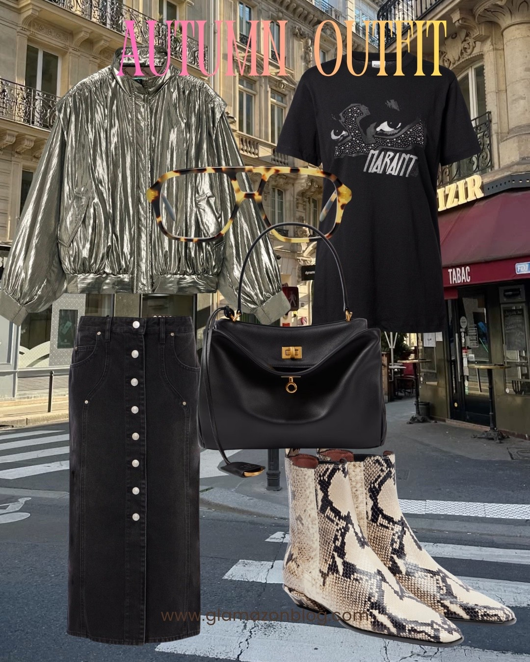 Metallic jacket, bomber jacket, marant tshirt, midi skirt, snake print boots, balenciaga bag, autumn outfit

#LTKunboxing #LTKeurope #LTKstyletip