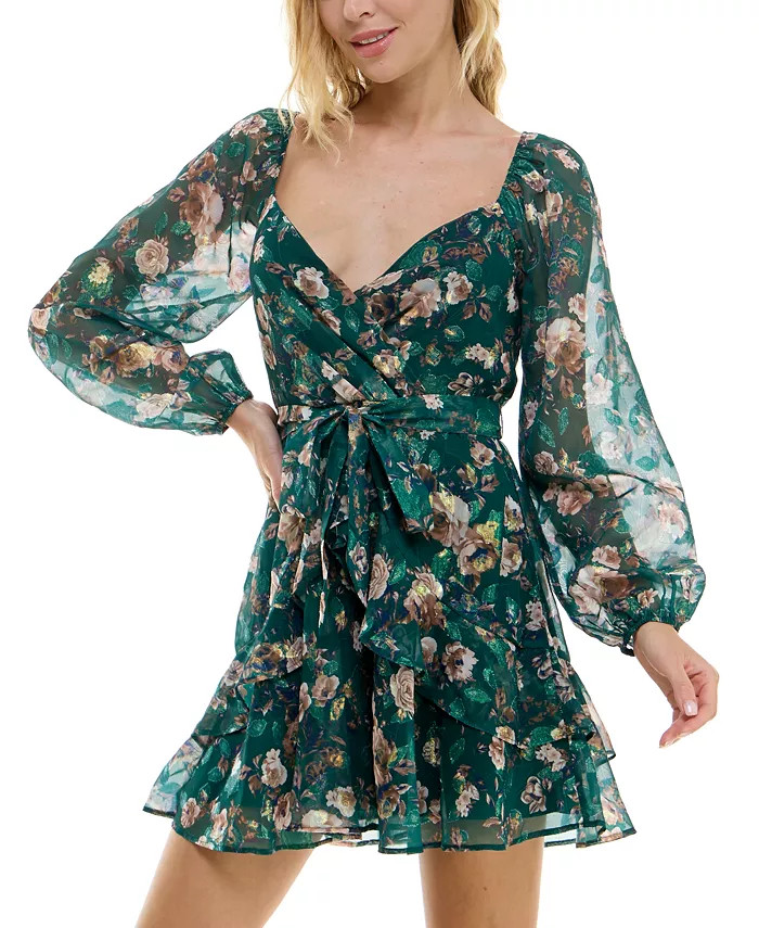 Trixxi Juniors' Surplice-Neck Fit & Flare Foiled Ruffle Dress - Macy's | Macys (US)