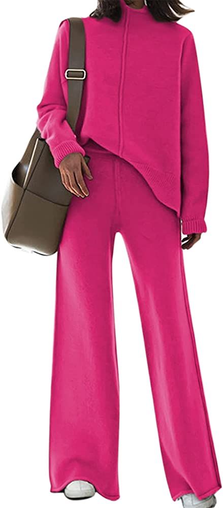 Meenew Women's High Neck 2 Piece Sweatsuit Long Sleeve Knit Sweater Tops Wide Leg Pants Set Outfi... | Amazon (US)