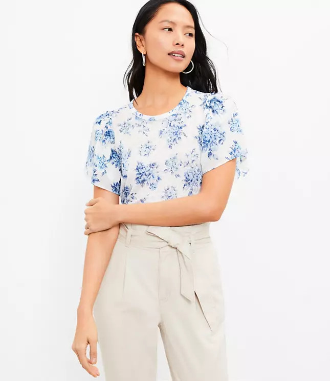 Bouquet Mixed Media Flutter Sleeve Top | LOFT