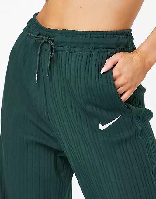Nike mini swoosh ribbed jersey wide leg trousers in pro green | ASOS (Global)