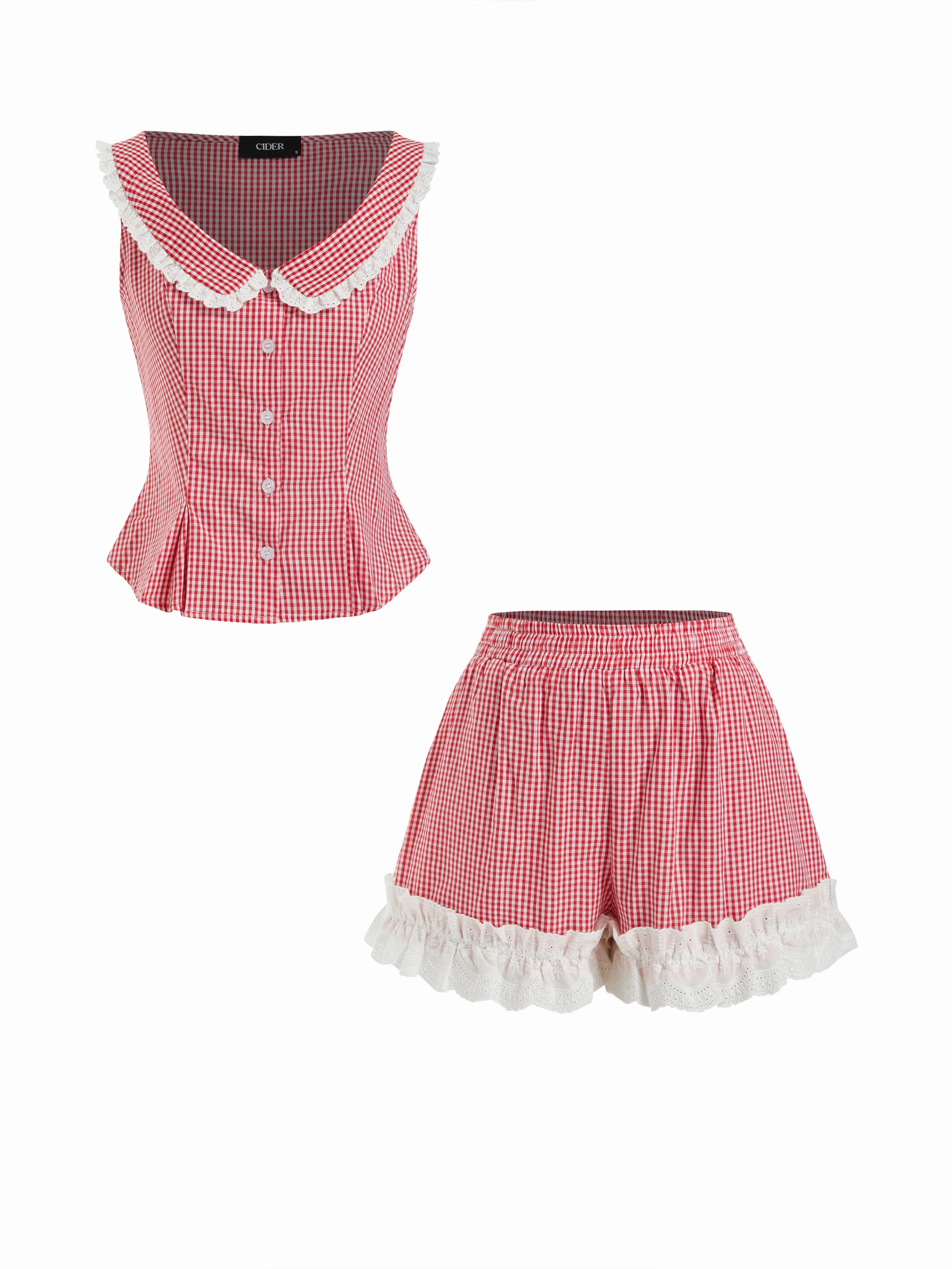 Woven 100% Cotton Gingham Ruched Top & Mid Rise Lace Trim Shorts Set For Daily Casual Date | Cider