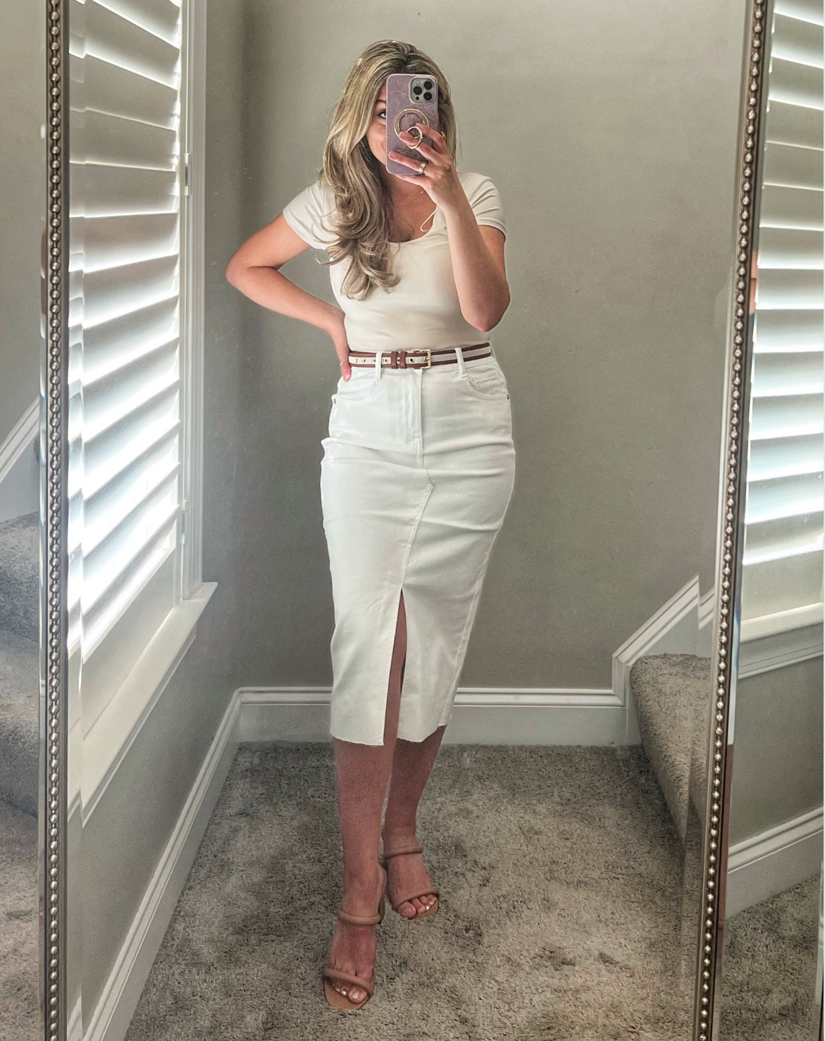 Summer outfit, white denim midi skirt, double lined tee, basic outfit, neutral outfit 

#LTKSaleAlert #LTKWorkwear #LTKSummerEdit