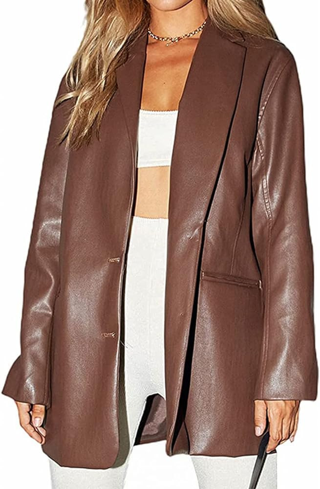 ABYOVRT Women Leather Jacket Oversized Faux Leather Blazer Button Down Lapel Coat with Pockets Vi... | Amazon (US)