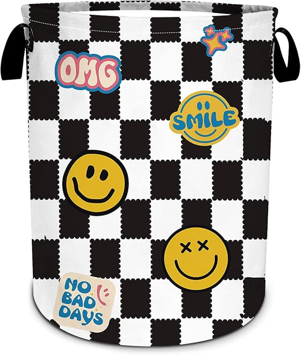 Smile Face Laundry Basket, Black and White Grid Laundry Hamper Foldable Waterproof Tote Bag Dirty... | Amazon (US)