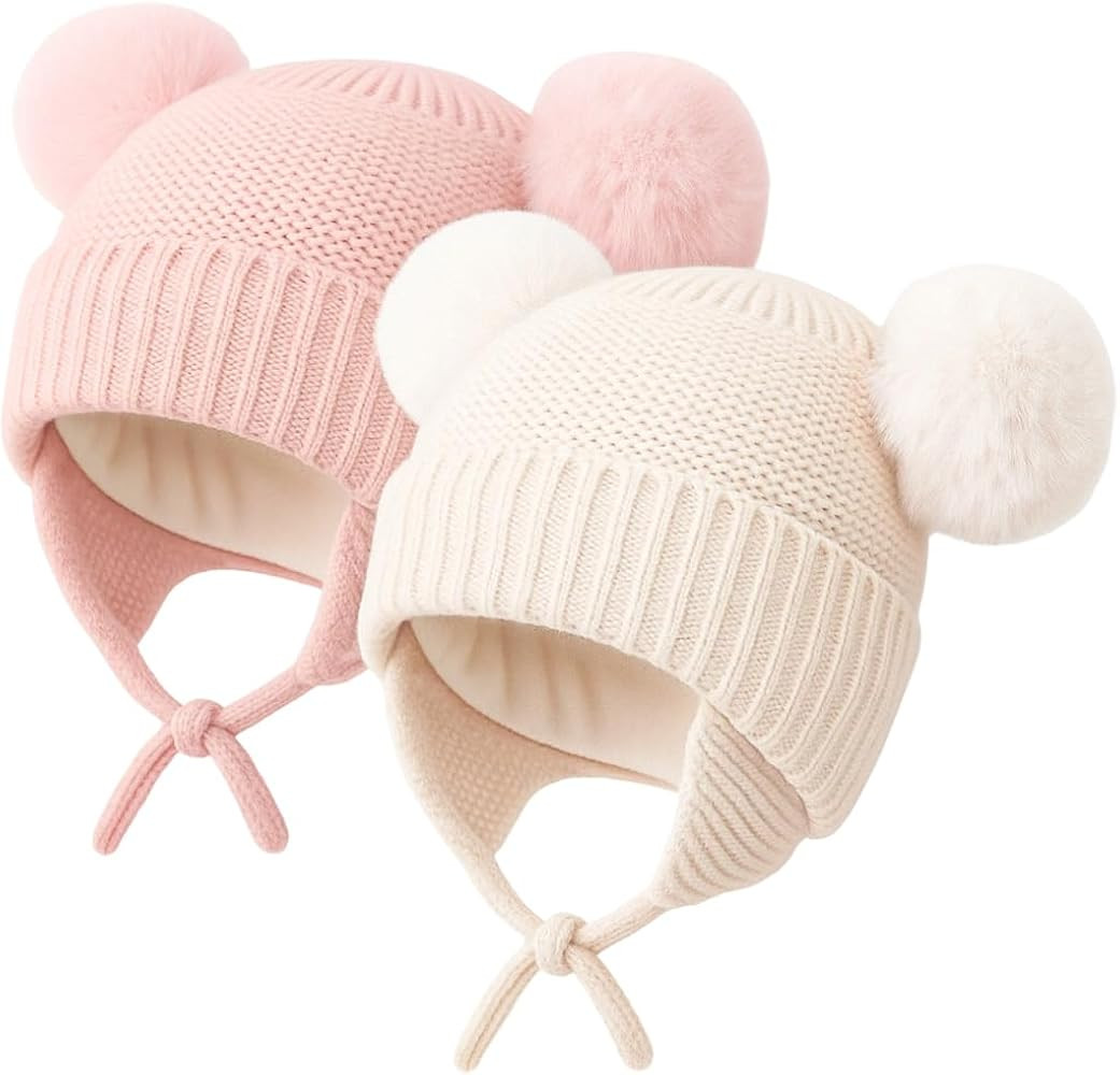 Konssy 2 Pack Baby Winter Hat with Earflaps, Warm Knit Beanie, Cozy Baby Hat for Boys & Girls 0... | Amazon (US)