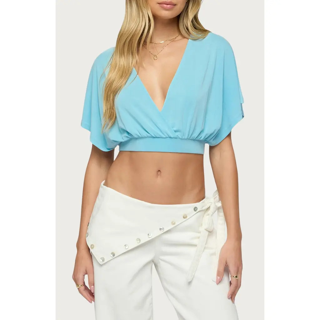 EDIKTED Candela V-Neck Crop Top in Light-Blue at Nordstrom, Size Large | Nordstrom