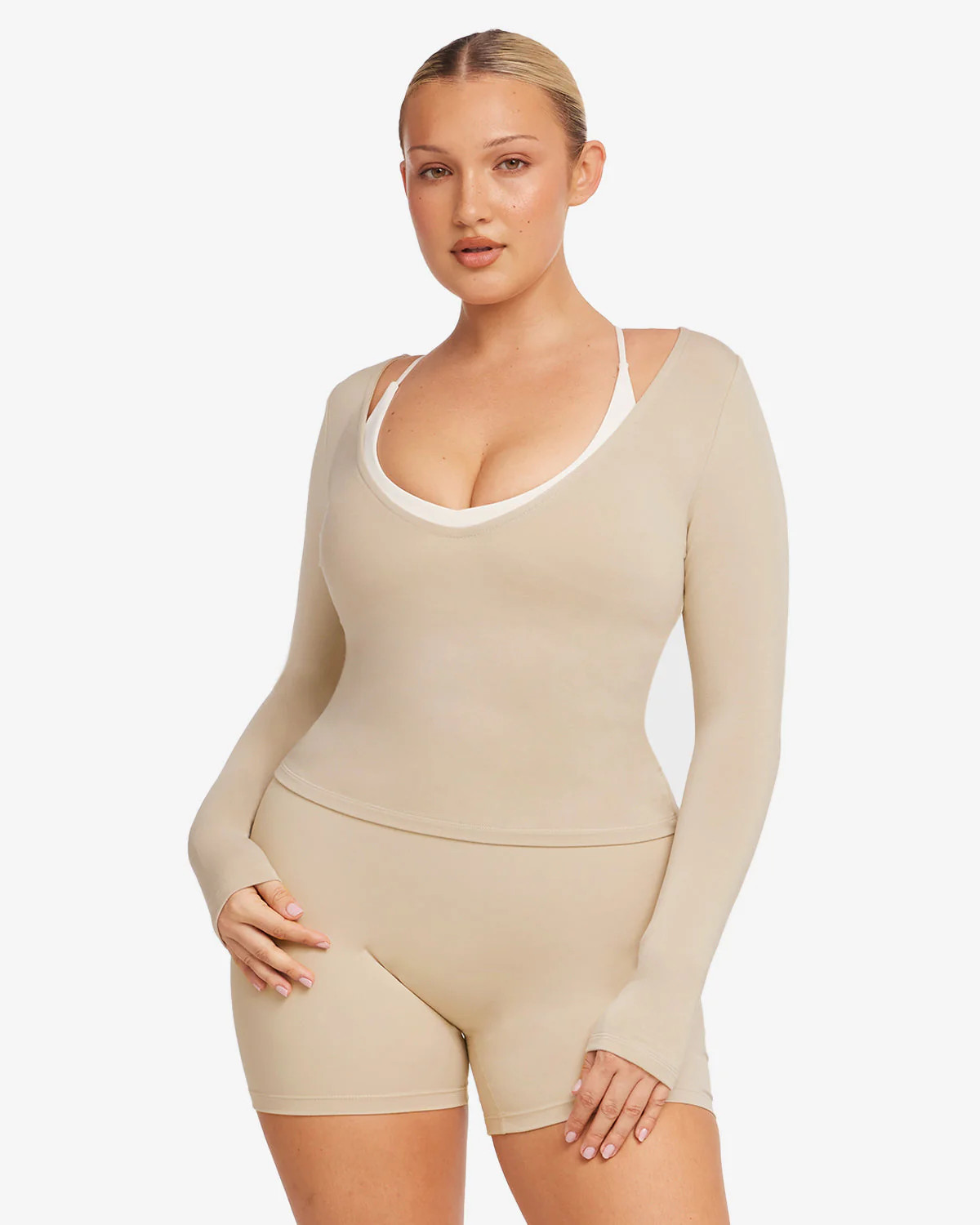 V Neck Long Sleeve Top | Fawn | Crop Shop Boutique US