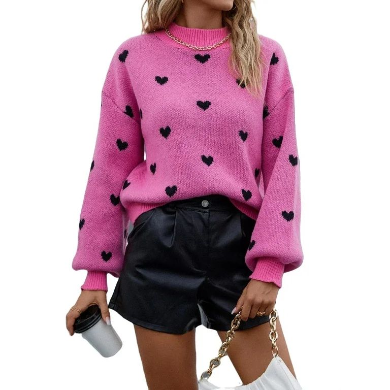 Casual Heart Stand Collar Pullovers Long Sleeve Hot Pink Women Sweaters (Women's) | Walmart (US)