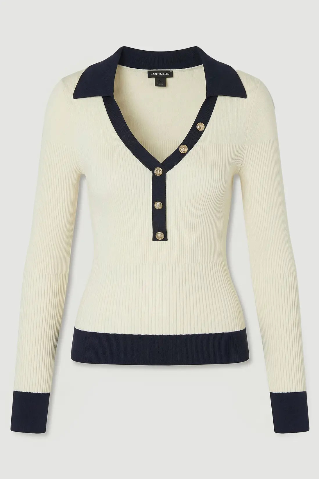 Knit Rib With Contrast Hem Detail Collared Top | Karen Millen UK + IE + DE + NL